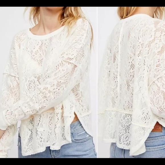 Free People Cream Lace Sweatshirt Boho Festival L - Picture 3 of 8